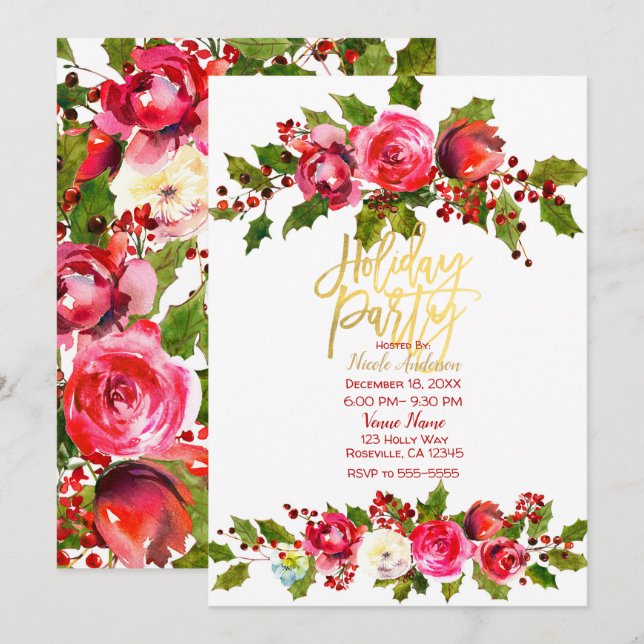 HOLIDAY PARTY Christmas Festive Holly Berry Floral Invitation (Front/Back)