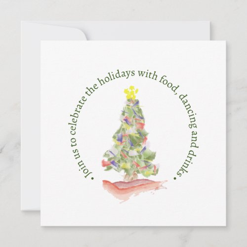Holiday Party Christmas Tree Watercolor Front Back Invitation