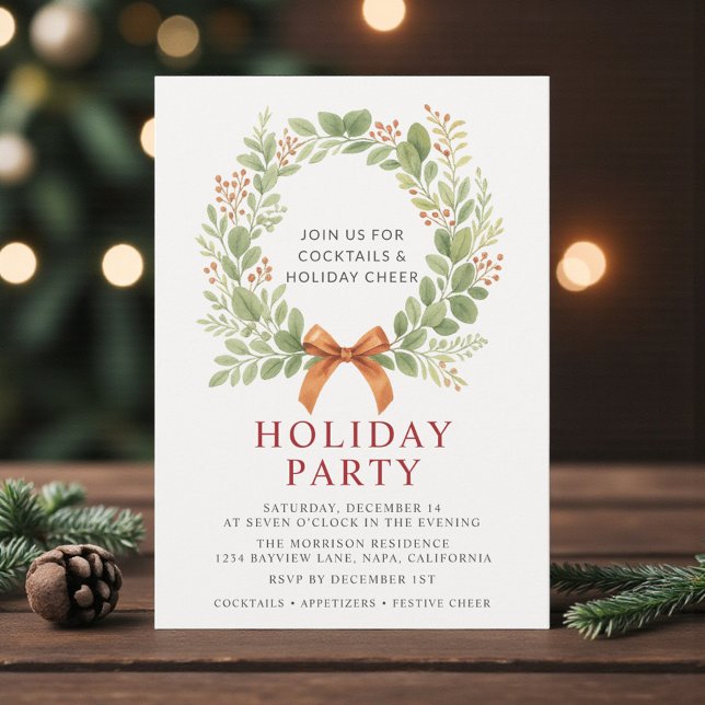 Holiday Party Christmas Watercolor Wreath Red Bow Invitation (Creator Uploaded)