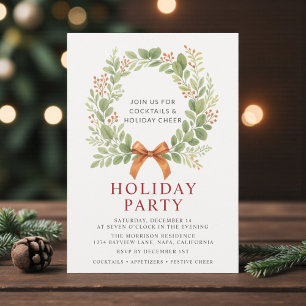 Holiday Party Christmas Wreath Red Bow Invitation