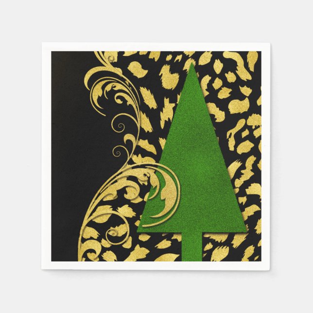 Holiday Party Elegance in Gold Black and Green Napkins (Front)