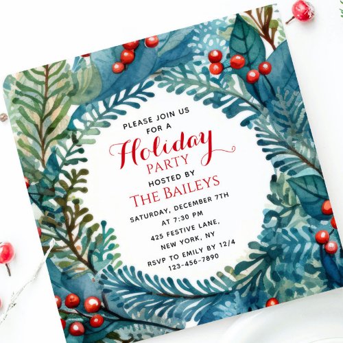 Holiday Party Elegant Christmas Floral Wreath Invitation