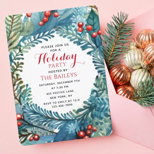 Holiday Party Elegant Christmas Floral Wreath Invitation