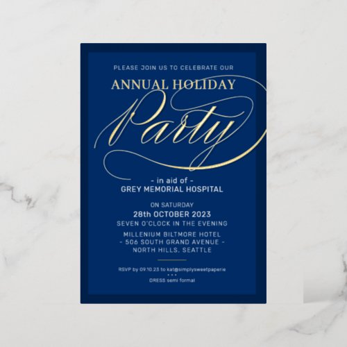 HOLIDAY PARTY elegant event fancy script navy gold Foil Invitation