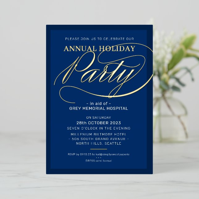 HOLIDAY PARTY elegant event fancy script navy gold Foil Invitation (Standing Front)