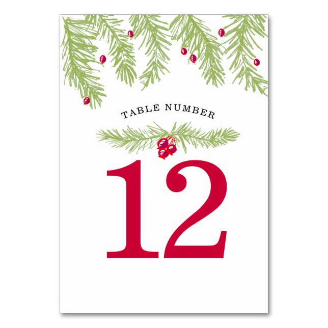 Holiday party event green fir red berry christmas table number (Front)