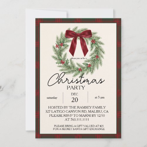 Holiday Party Festive Christmas Wreath Ribbon Invitation
