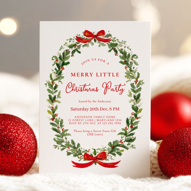 Holiday Party Festive Christmas Wreath Ribbon Invitation (Creator Uploaded)