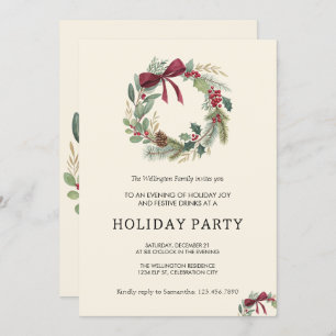 Holiday Party Festive Christmas Wreath Ribbon Invitation