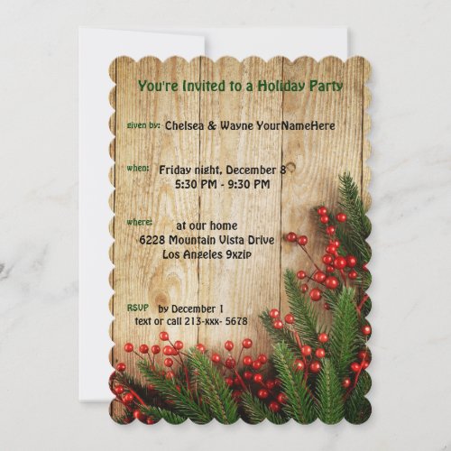 Holiday Party Festive Evergreens on RusticWood Invitation