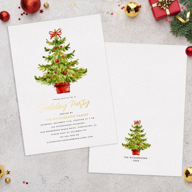 Holiday Party Festive Red Green Tree Real Gold Foil Invitation (Holiday Party Festive Red Green Tree Real Gold Foil Invitation)