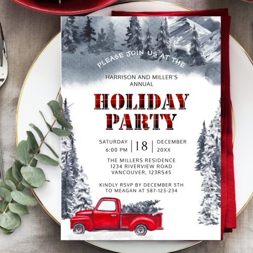Holiday Party Forest and Vintage truck Plaid Invitation