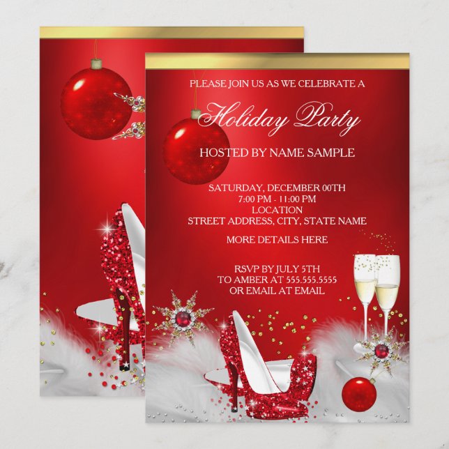 Holiday Party Glitter Red High Heel Champagne Invitation (Front/Back)