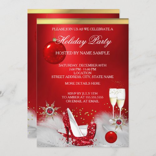Holiday Party Glitter Red High Heel Champagne Invitation