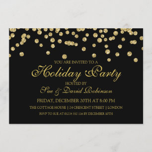 Holiday Party Gold Glitter Confetti Black Invitation