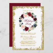 Holiday Party Gold Glitter Watercolor Floral Invitation