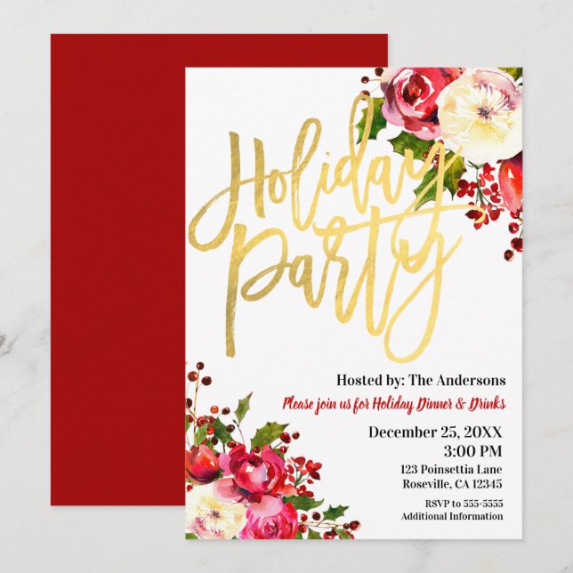 Holiday Party Gold Modern Script Floral Berries Invitation (Front/Back)