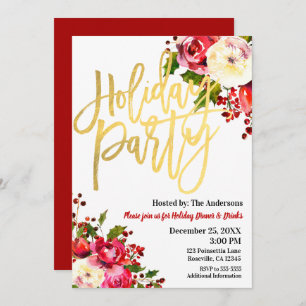 Holiday Party Gold Modern Script Floral Berries Invitation