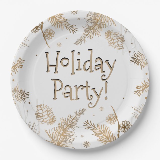 Holiday Party, Gold Pine Combs,  Paper Plates (Front)