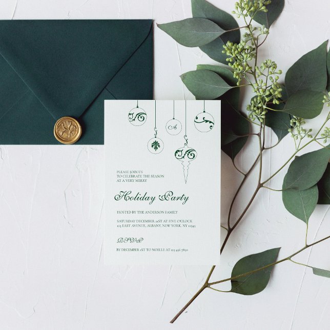 Holiday Party Green Monogram Bauble Ornaments Invitation (Creator Uploaded)