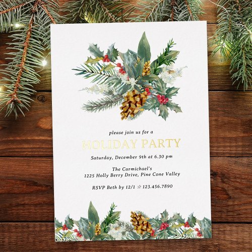 Holiday Party Holly and Pine Cone Bouquet Gold  Foil Invitation