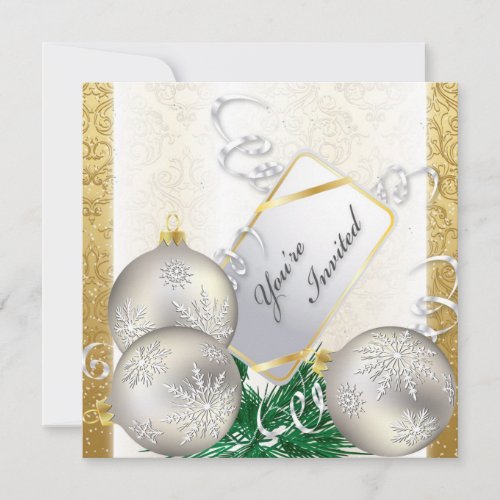 Holiday Party Invitation _ Gold  Silver Ornaments