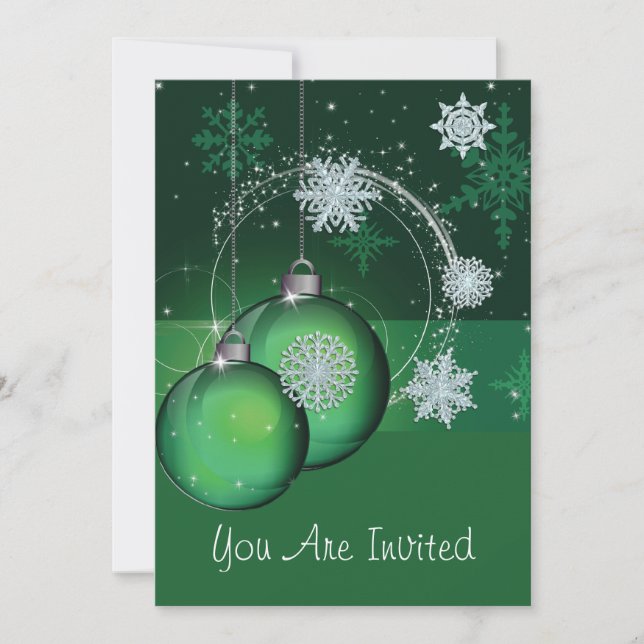 Holiday Party Invitation Green, ornament snowflake (Front)