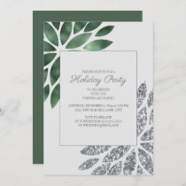 Holiday Party Invitation Green Silver Glitter