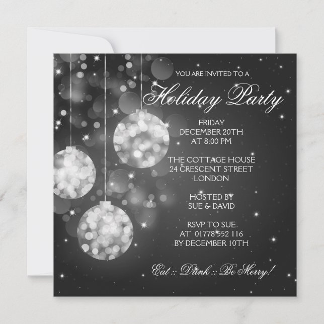 Holiday Party Invitation Sparkling Baubles Black (Front)