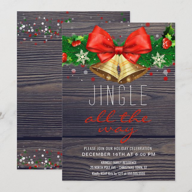 Holiday Party Jingle All the Way Gold Bells Rustic Invitation (Front/Back)
