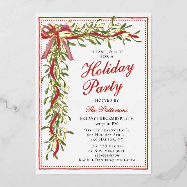 Holiday Party Mistletoe Bow Modern Christmas Party Foil Invitation (Front)
