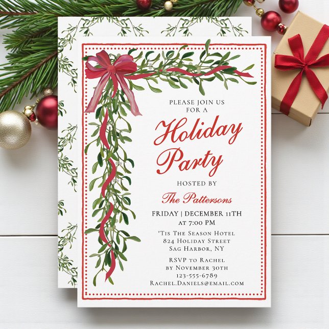 Holiday Party Mistletoe Bow Modern Christmas Party Invitation (Creator Uploaded)