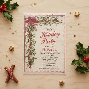 Holiday Party Mistletoe Bow Modern Christmas Party Vellum Invitations