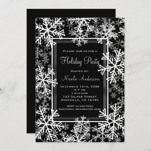 Holiday Party Modern Black  White Snowflakes Invitation