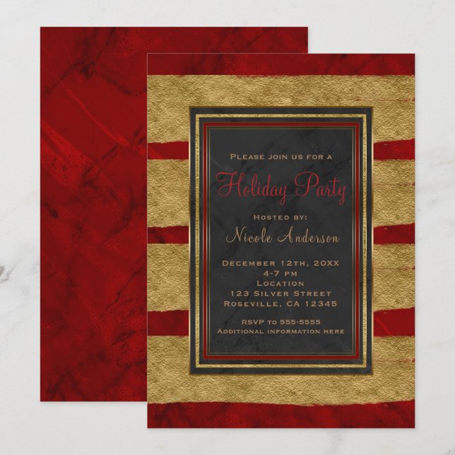 Holiday Party Modern Red Marble & Gold Christmas Invitation (Front/Back)