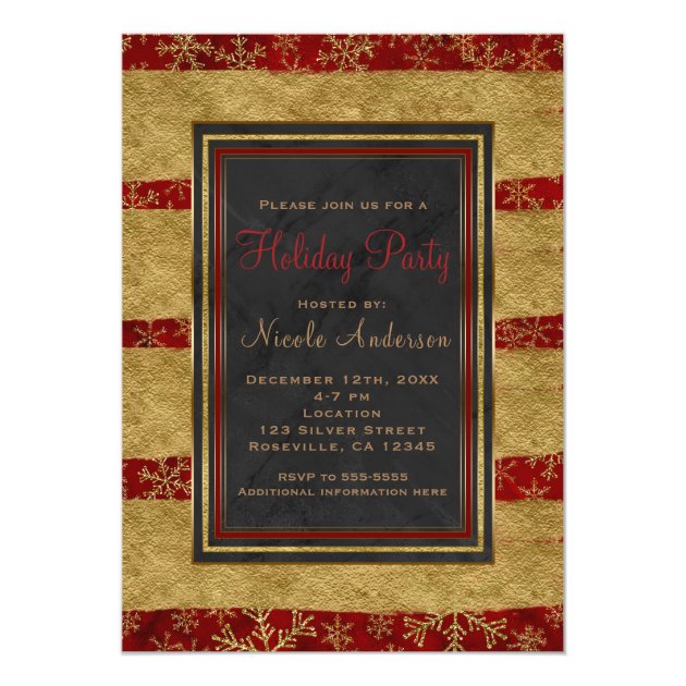 Holiday Party Modern Red Marble & Gold Snowflakes Invitation