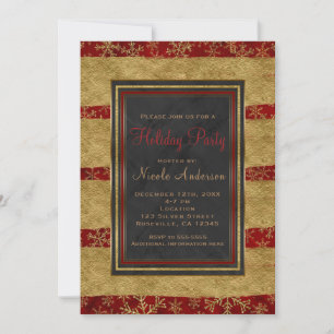 Holiday Party Modern Red Marble & Gold Snowflakes Invitation