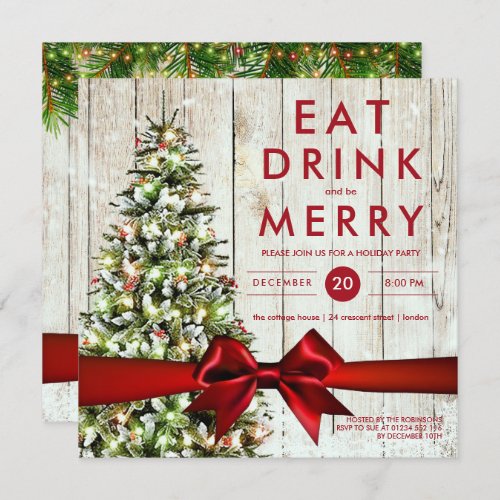 Holiday Party  Modern Tree Lights  Red Ribbon Invitation