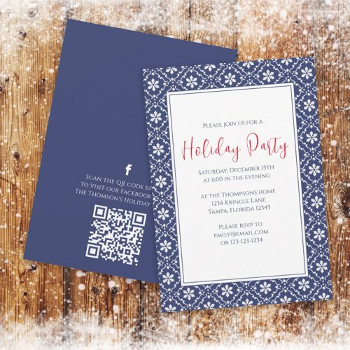 Holiday Party Navy Blue Snowflake QR Code Facebook Invitation