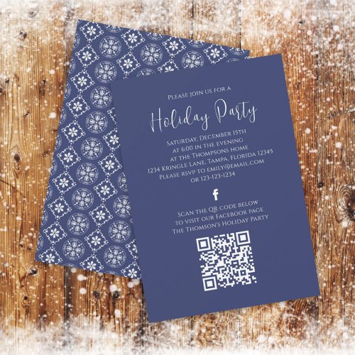 Holiday Party Navy Blue Snowflake QR Code Facebook Invitation