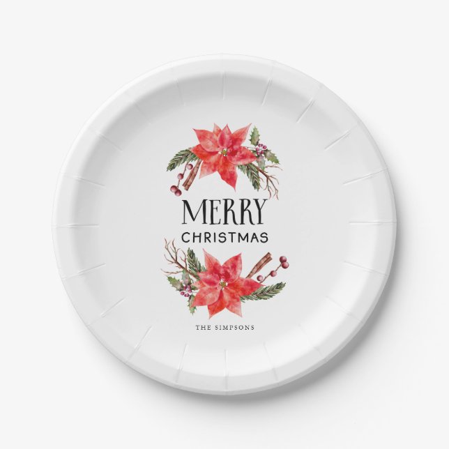 Holiday Party Poinsettia Greenery Paper Plates (Front)
