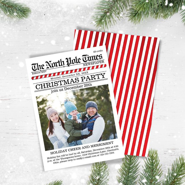 Holiday Party Red and White Newspaper  Invitation (Christmas party photo invitations.)