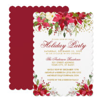 Holiday Party Red Floral Poinsettia Gold Glitter Invitation