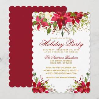 Holiday Party Red Floral Poinsettia Gold Glitter Invitation
