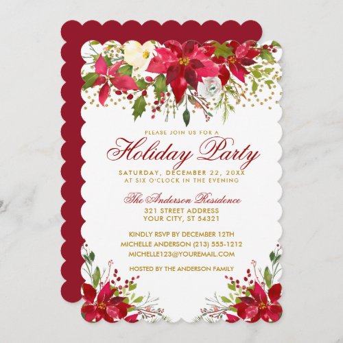 Holiday Party Red Floral Poinsettia Gold Glitter Invitation