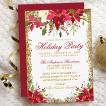 Holiday Party Red Gold Glitter Poinsettia Floral Invitation