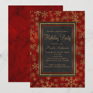 Holiday Party Red Marble Gold Snowflakes Elegant Invitation