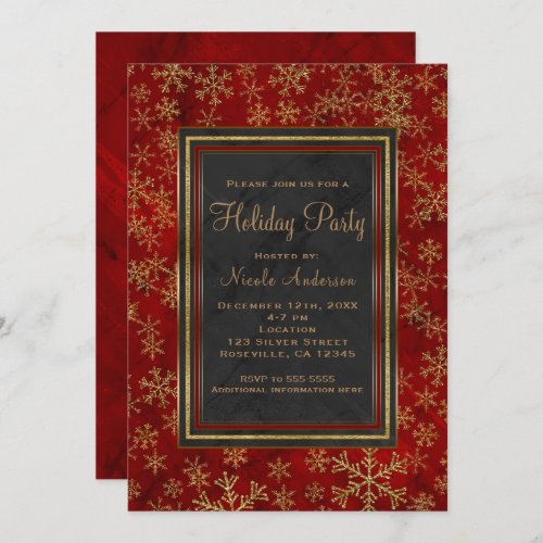 Holiday Party Red Marble Gold Snowflakes Elegant Invitation