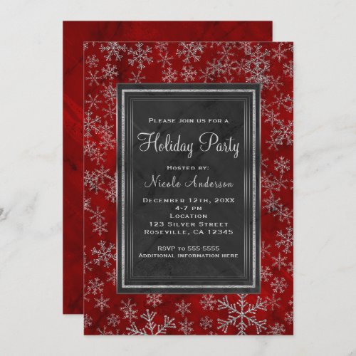 Holiday Party Red Marble Silver Snowflakes Elegant Invitation