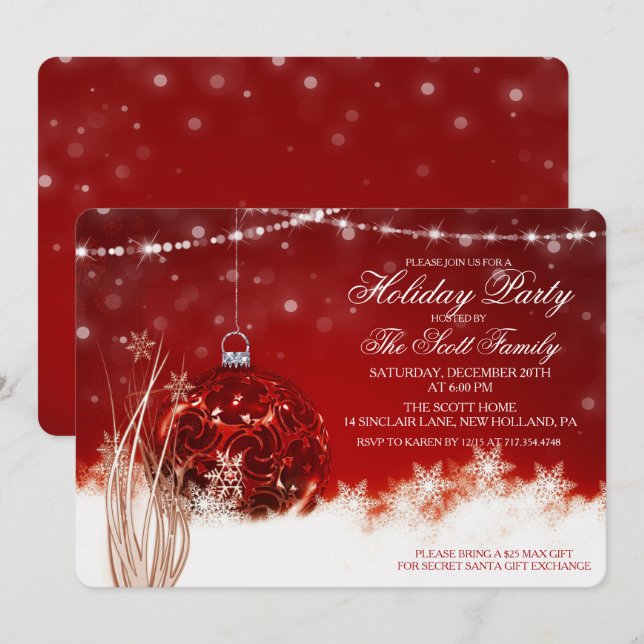 Holiday Party Red Ornament Bauble Invitation (Front/Back)